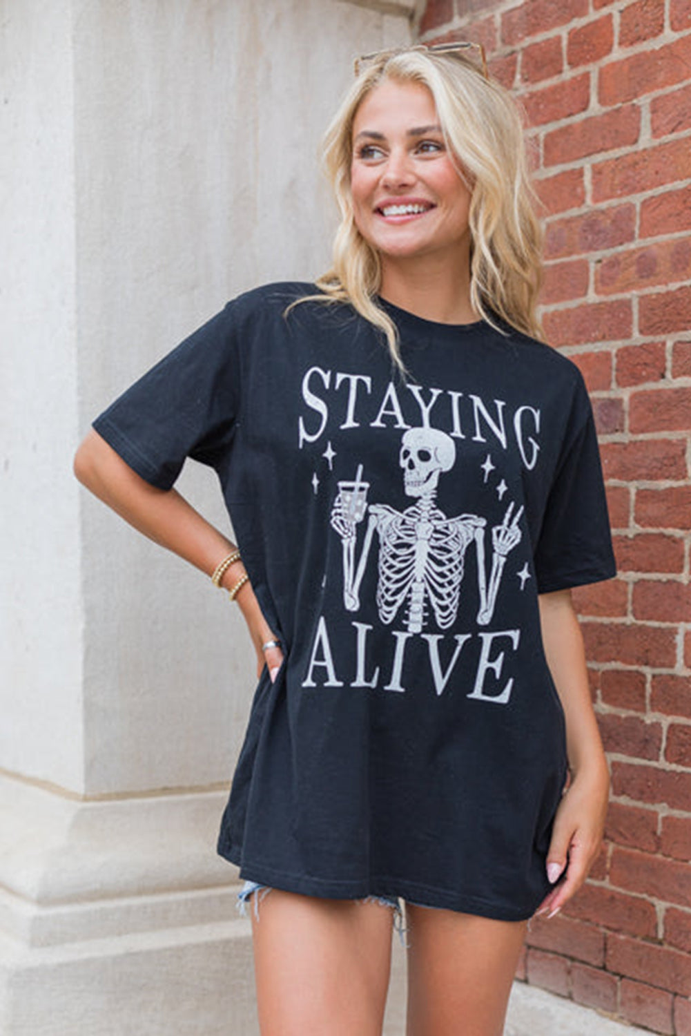 Black STAYING ALIVE Funny Skeleton Print Round Neck T-Shirt