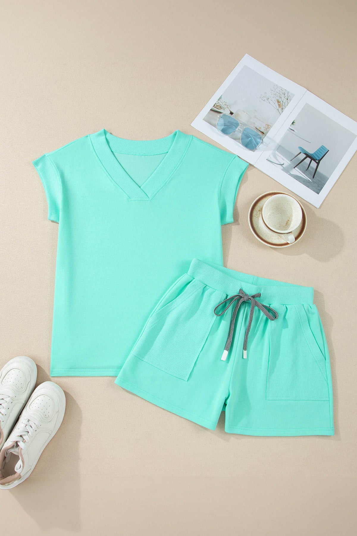 Women's Sachet Pink V-Neck Short-Sleeve Top & Shorts Two-Piece Set