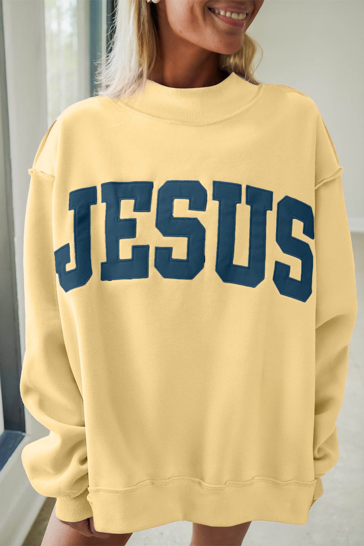 Meadow Mist Green JESUS Letter Patch Graphic Sweatshirt