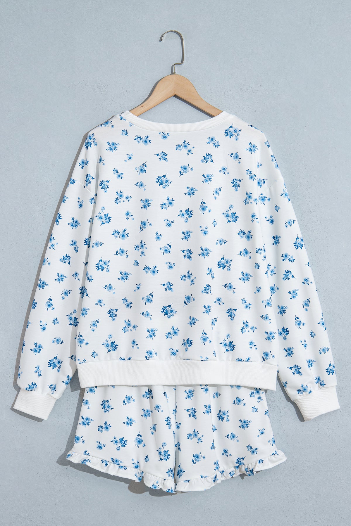 Women's Sky Blue Floral Print Long-Sleeve Top & Ruffle Shorts Two-Piece Set