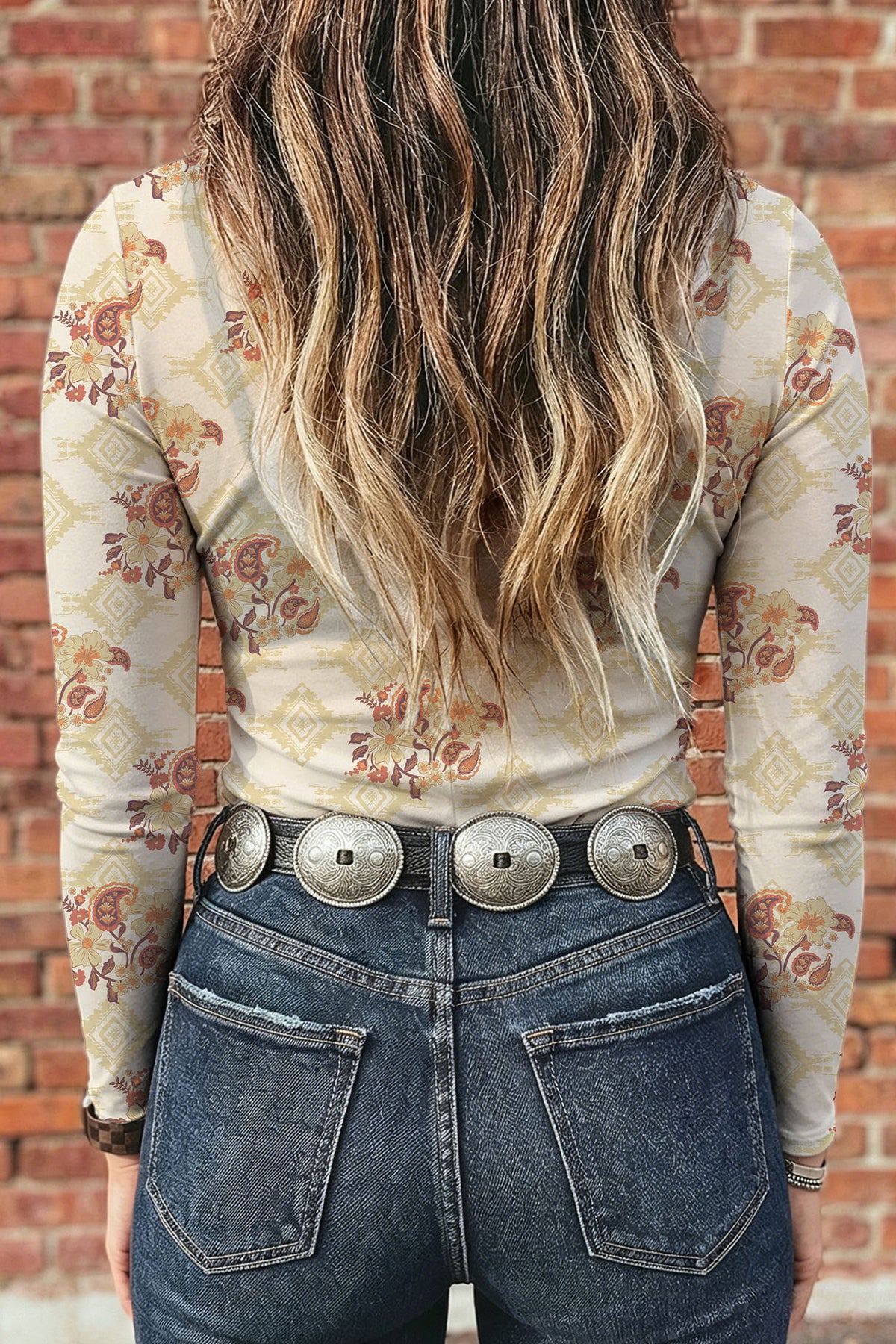 Apricot Floral Print Mesh Long Sleeve Mock Neck Top