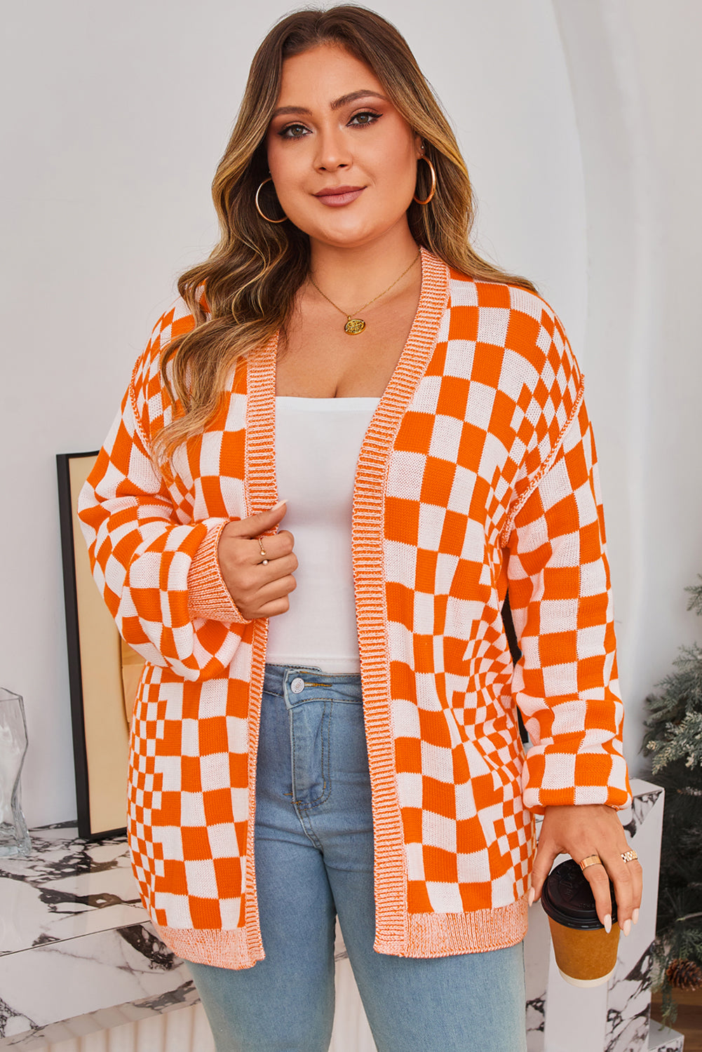 Orange Plus Size Checkered Bubble Sleeve Drop-Shoulder Open Cardigan