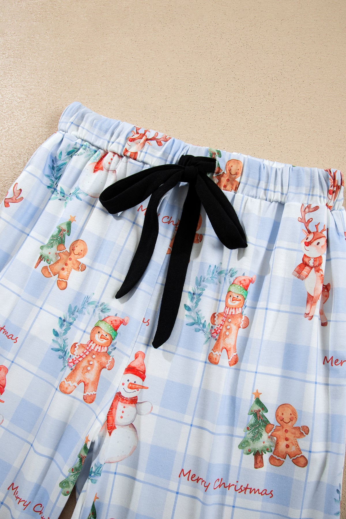 Sky Blue Plaid Cartoon Christmas Pattern Shirt Top Pajama Set