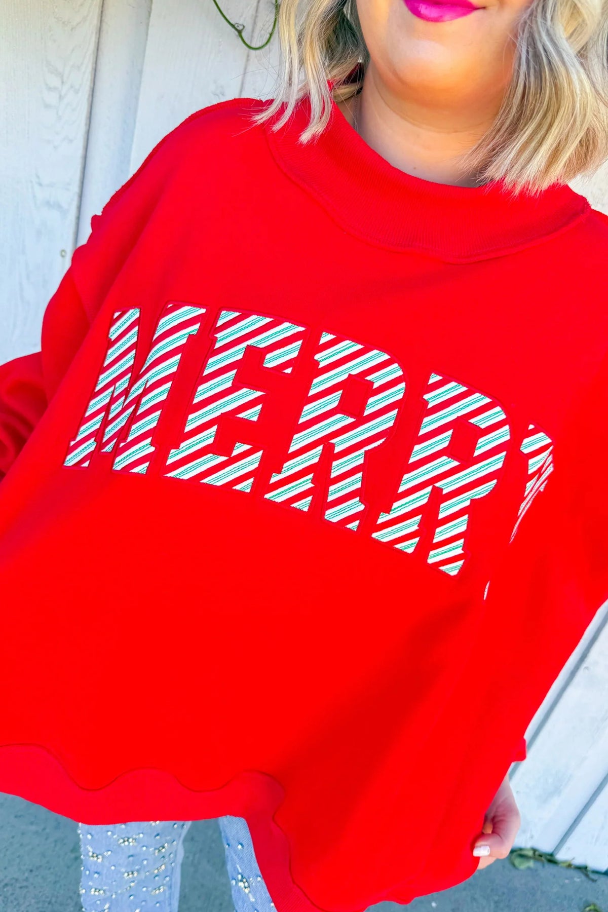 Fiery Red Embroidered Merry Slogan Stand Neck Shift Sweatshirt