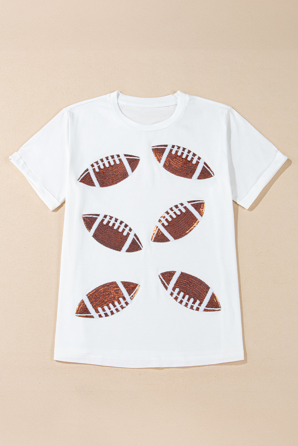 White Sequined Rugby Football Graphic Cotton T-Shirt