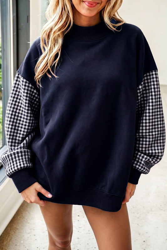 Navy Blue Plaid Sleeve Colorblock Tunic Sweatshirt