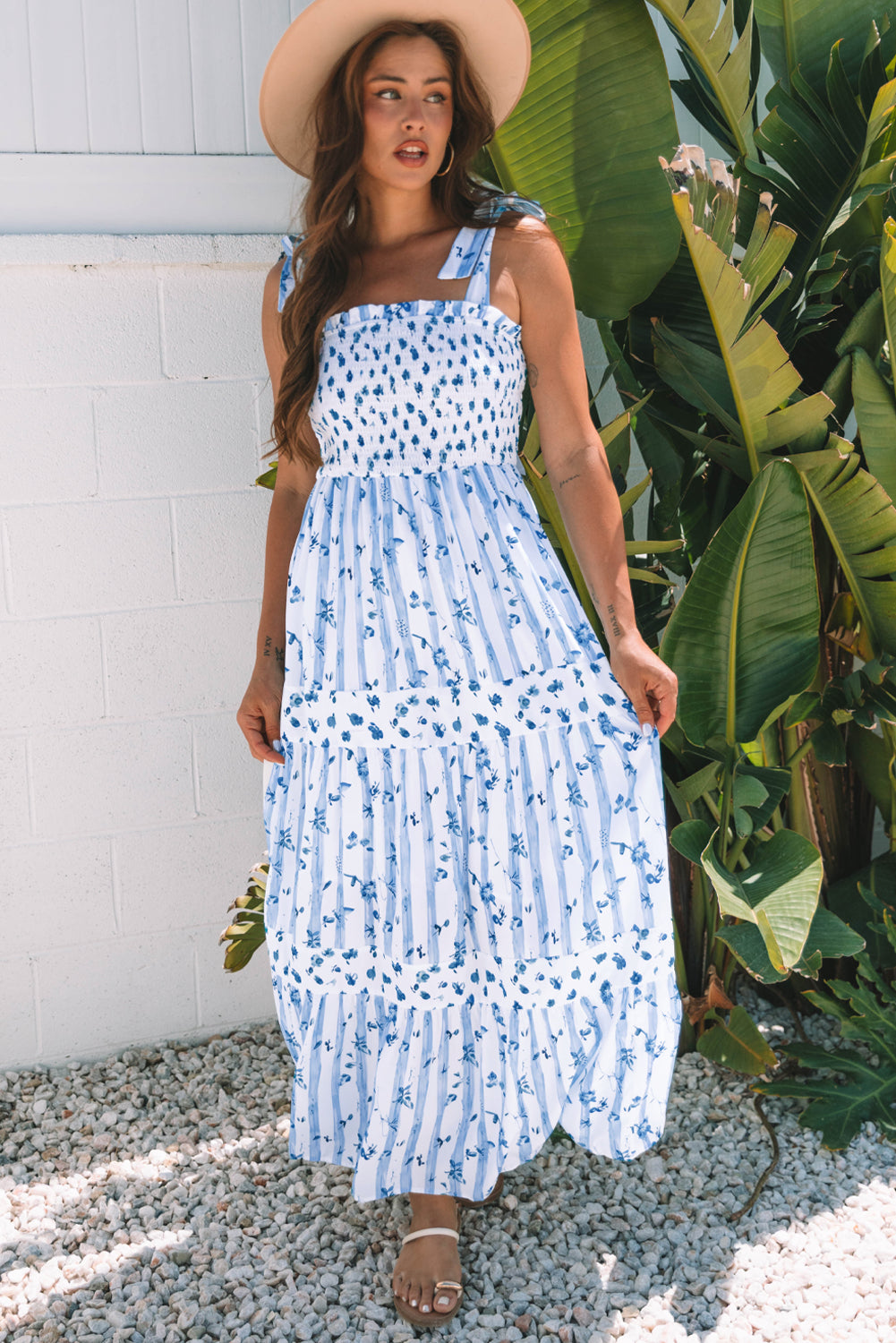 Sky Blue Floral Smocked Tied Straps a Lined Tiered Maxi Dress