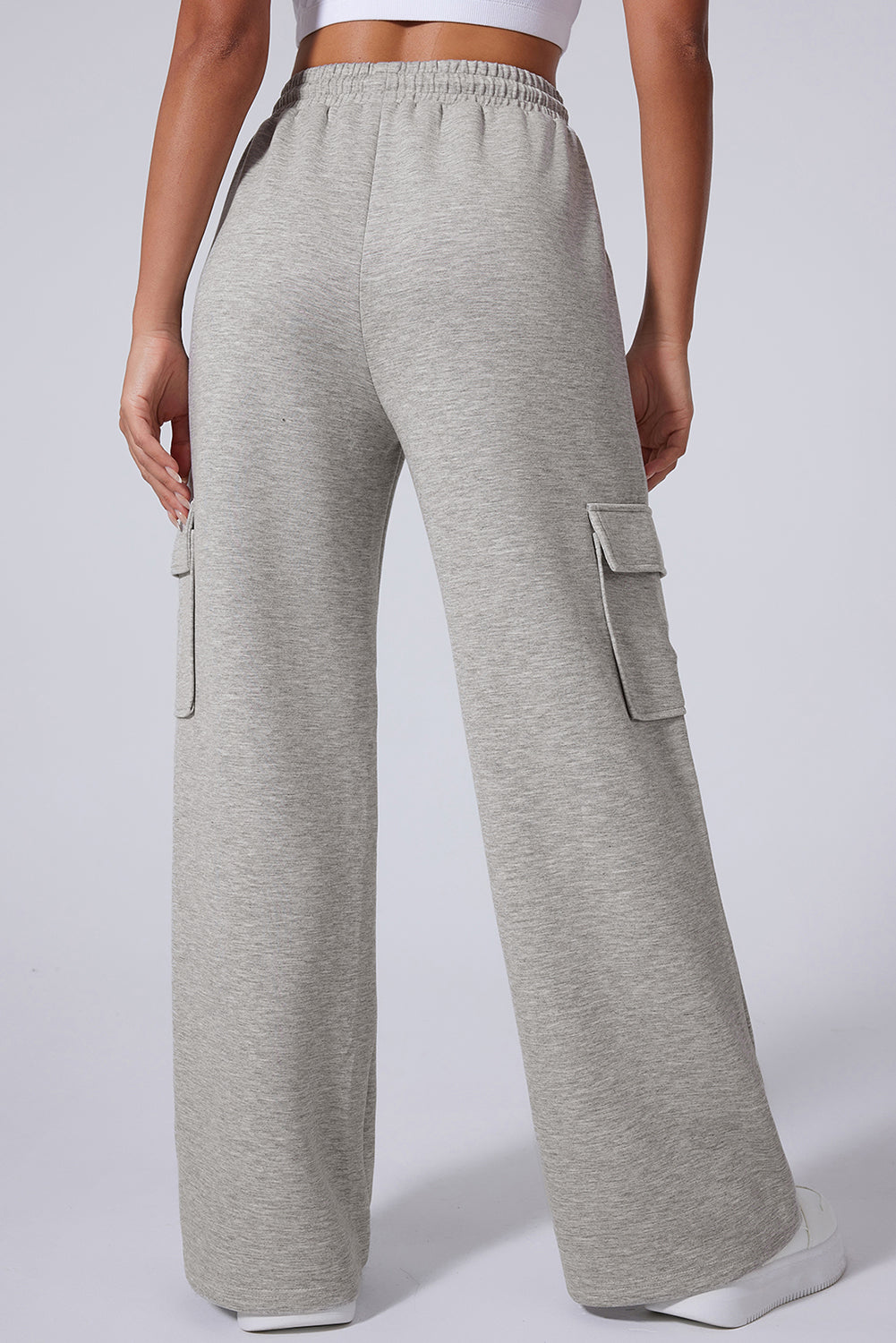 Light Grey Multi Pockets Lace-up High Waist Wide Leg Active Pants