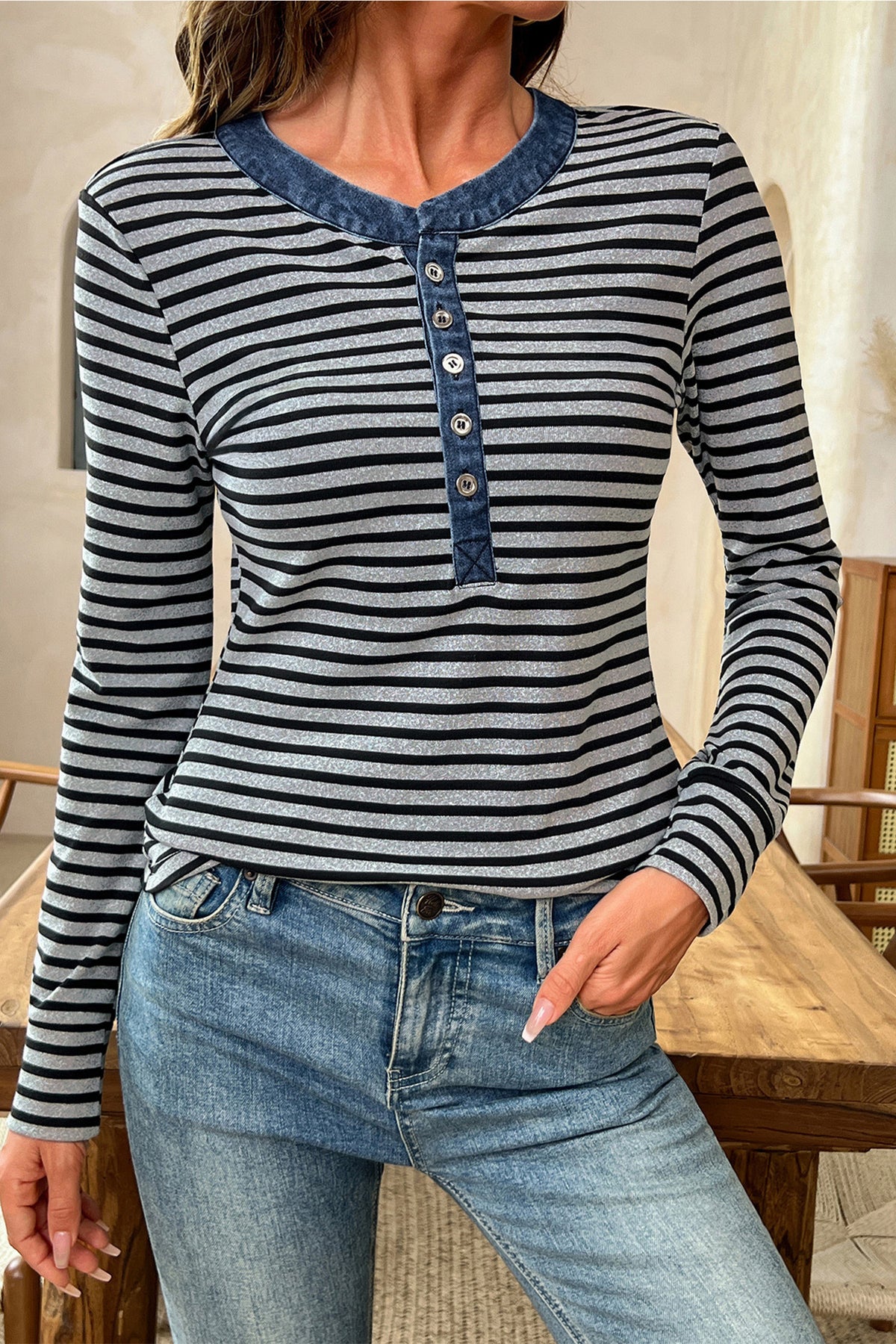 Gray Stripe Denim Contrast Collar Half Button Top