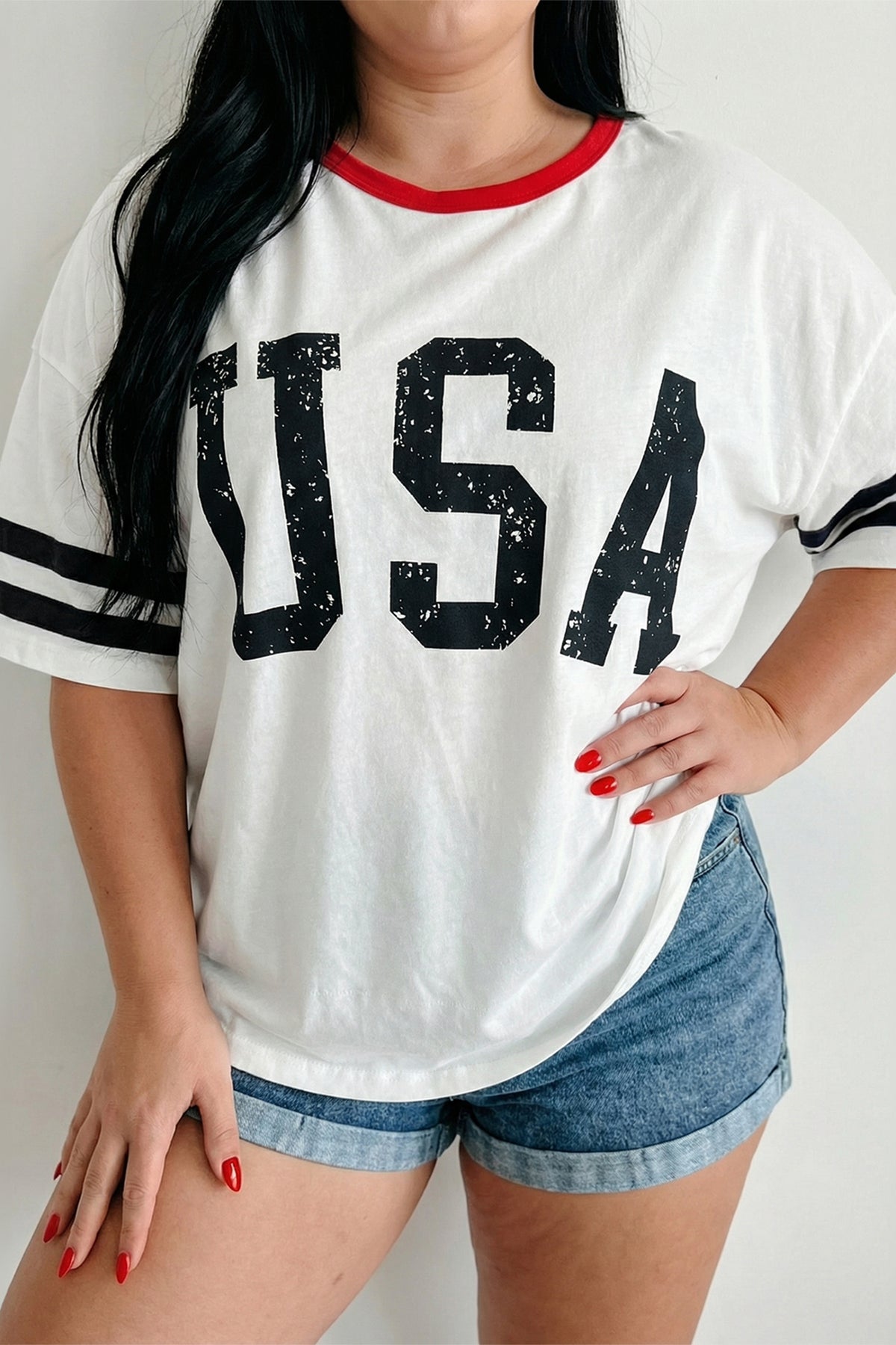 White Retro USA Striped Trim Short-Sleeve Plus Size Tee