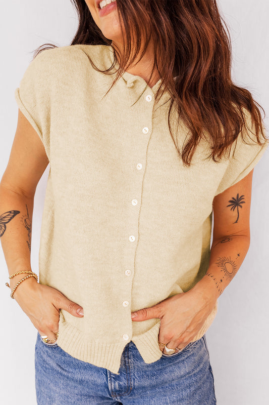 Apricot Buttoned Front Rolled Hem Cap Sleeve Sweater Top