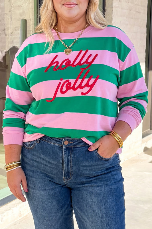 Green Stripe Festive Holly Jolly Printed Plus Size Sweatshirt
