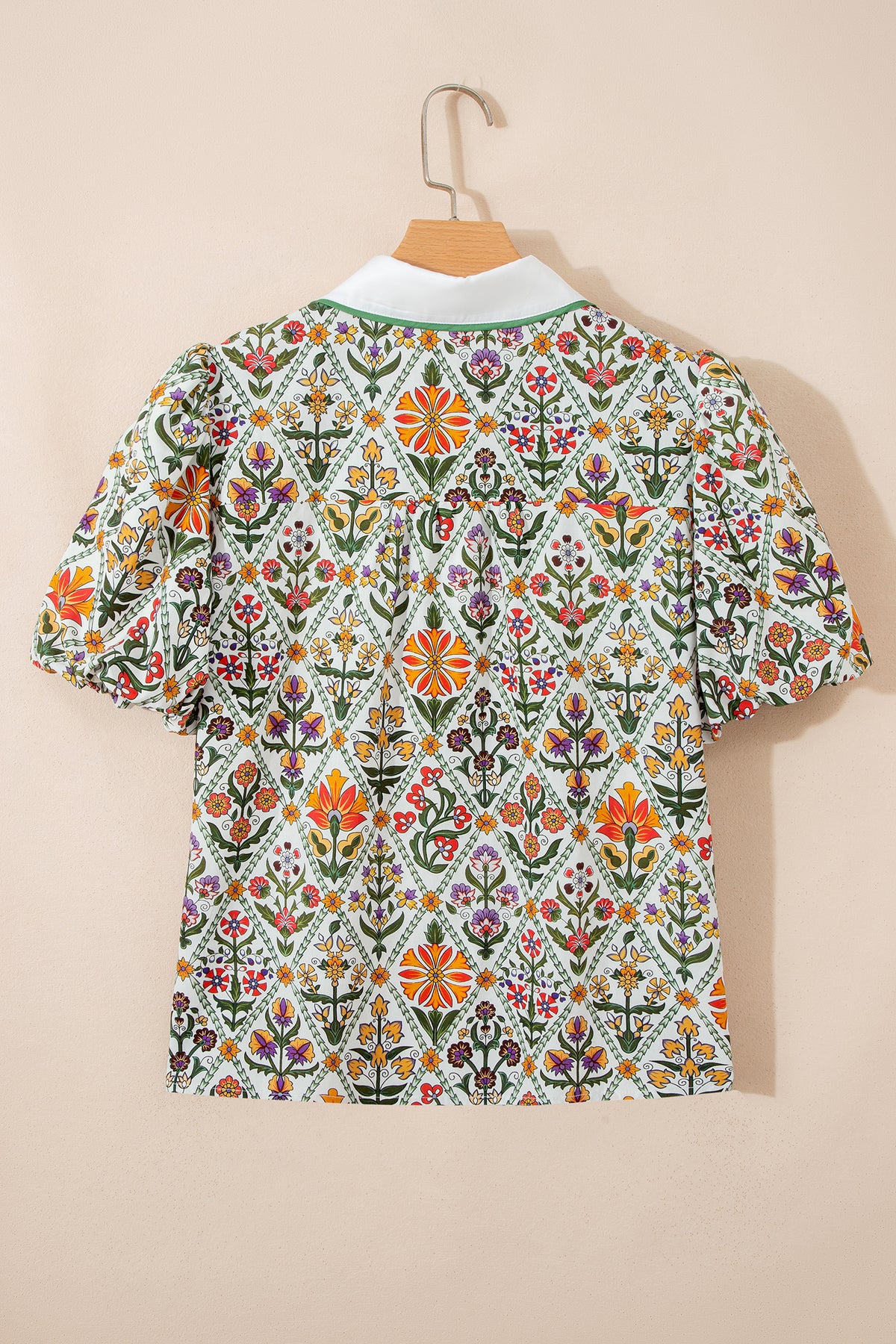Green Short Bubble Sleeve Floral Shirt