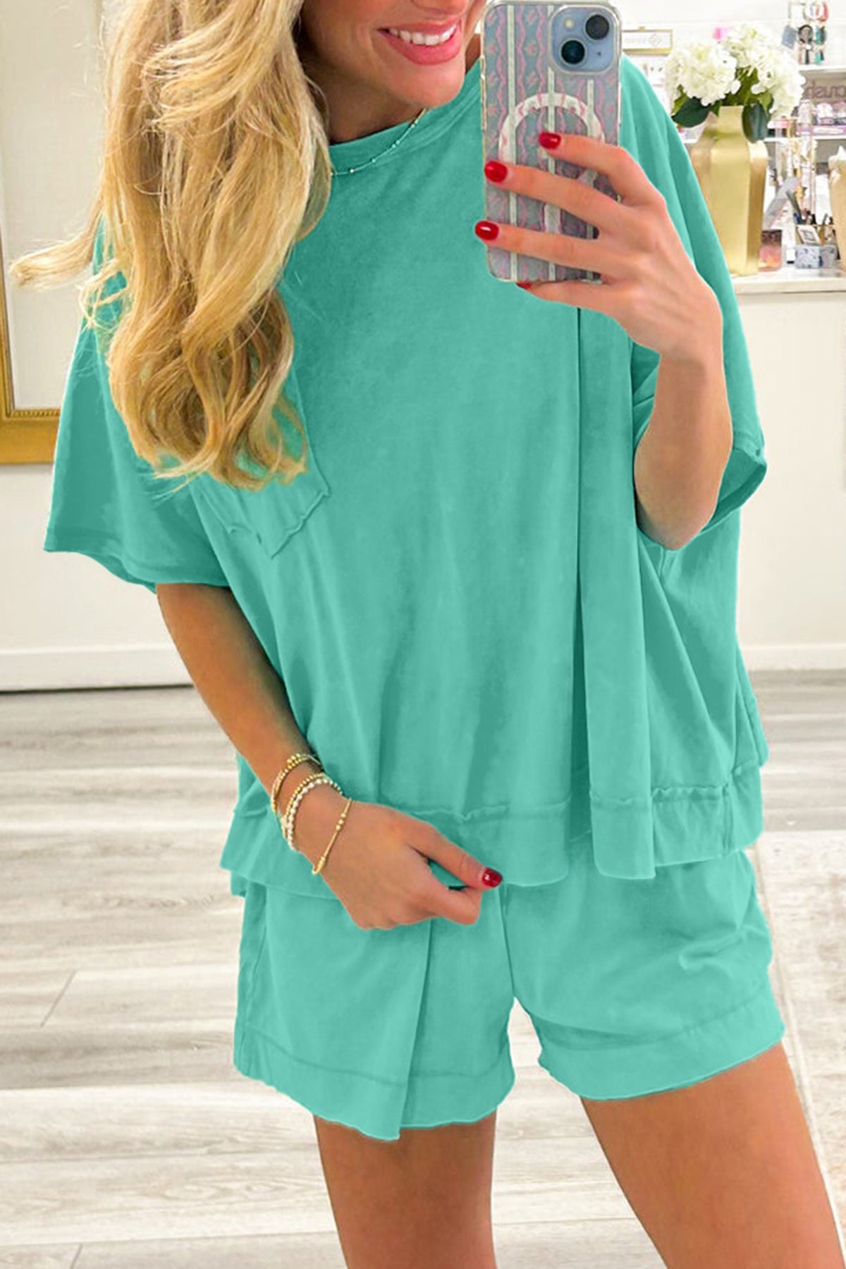 Women's Mint Green Raw Edge Patch Pocket Oversized Top & Shorts Set