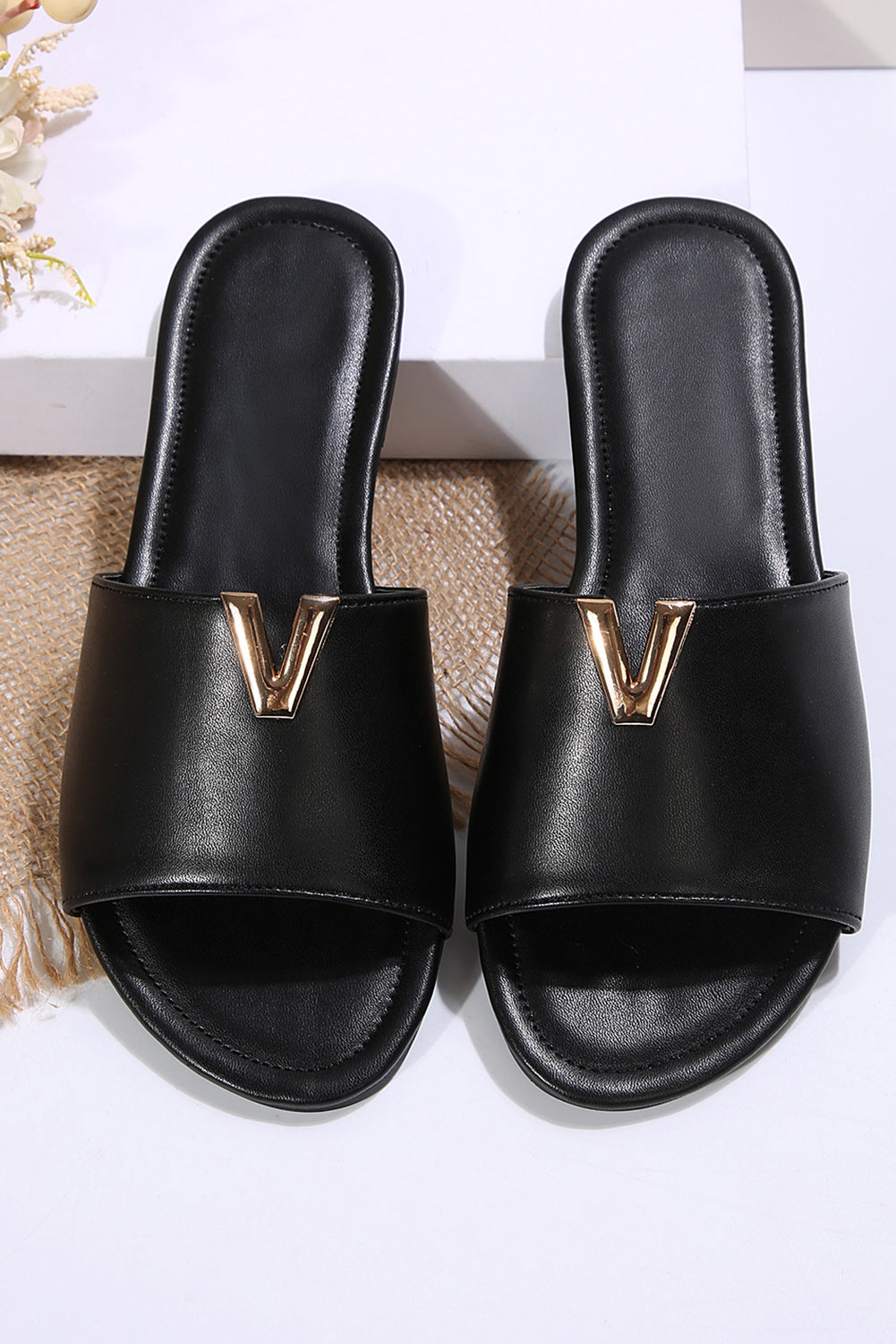 Black V Shape Metal Decor PU Leather Flat Sandals