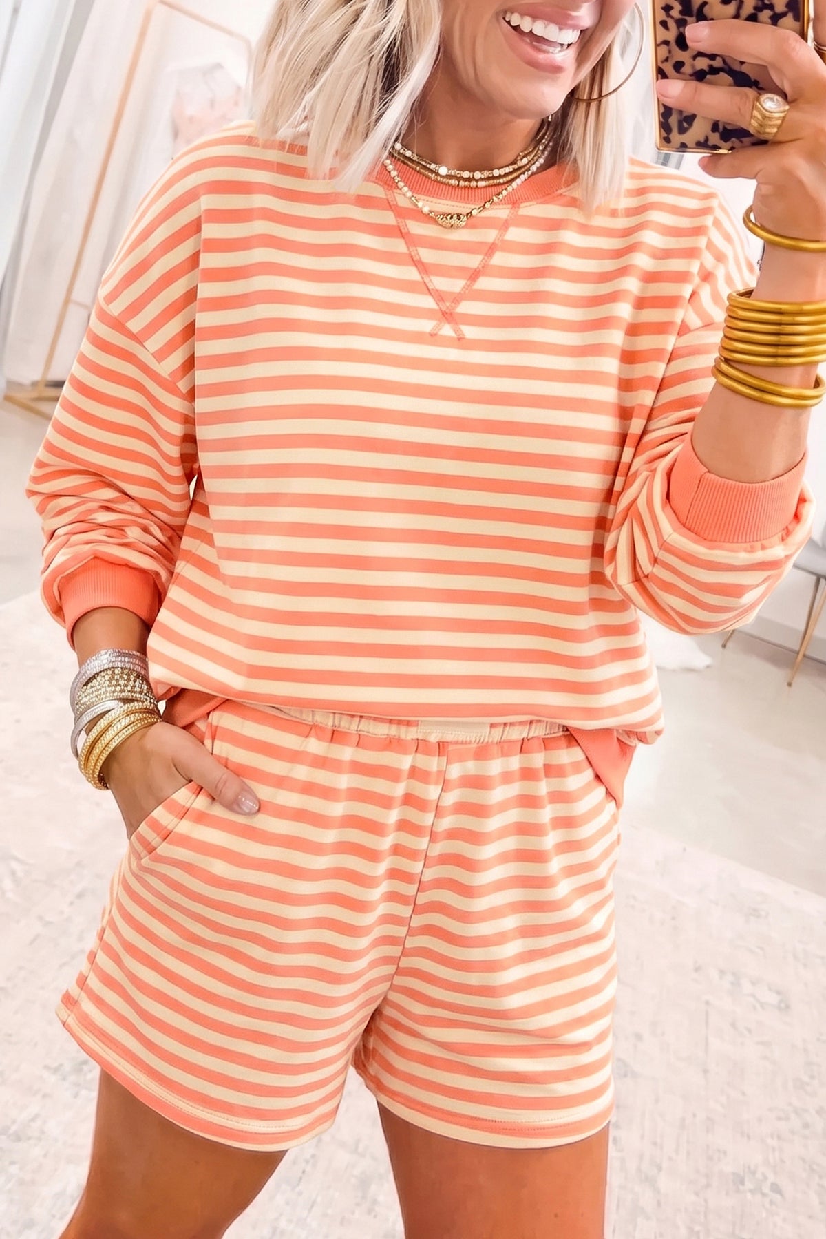 Women's Grapefruit Orange Drop Shoulder Long-Sleeve Pullover Elastic Waist Casual Shorts Set