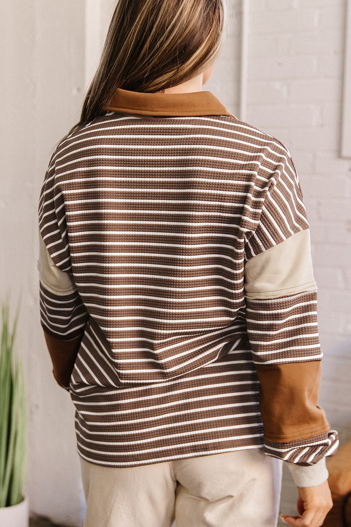 Brown Stripe Collar V Neck Color Block Pullover Top