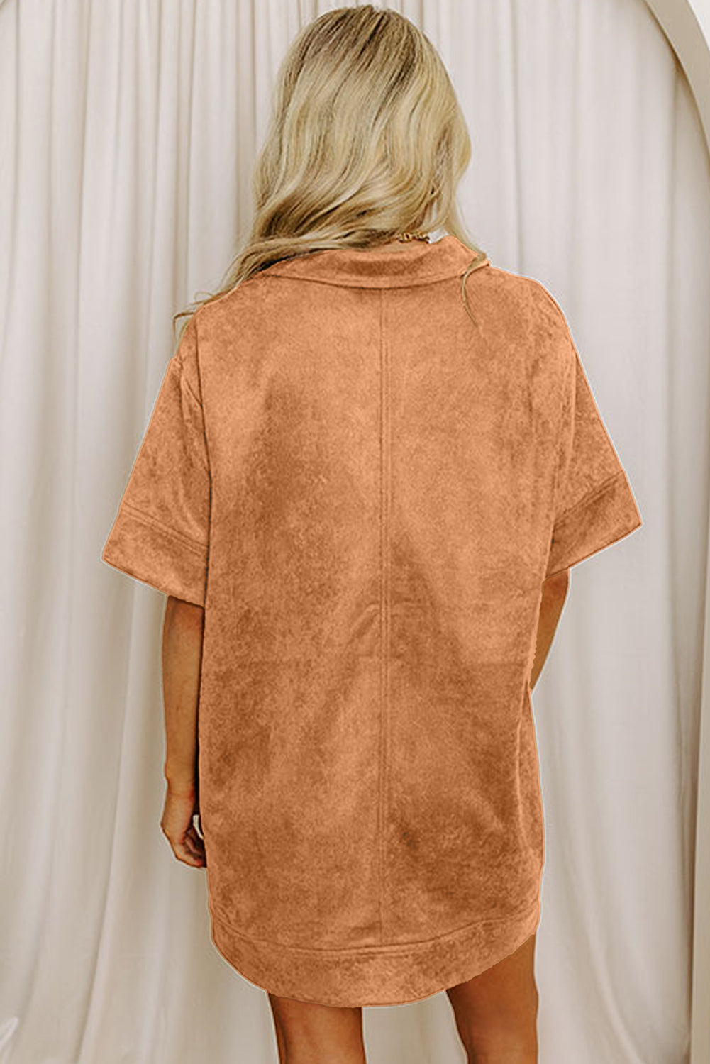 Thai Curry V Neck Faux Suede Short Sleeve Shift Mini Dress