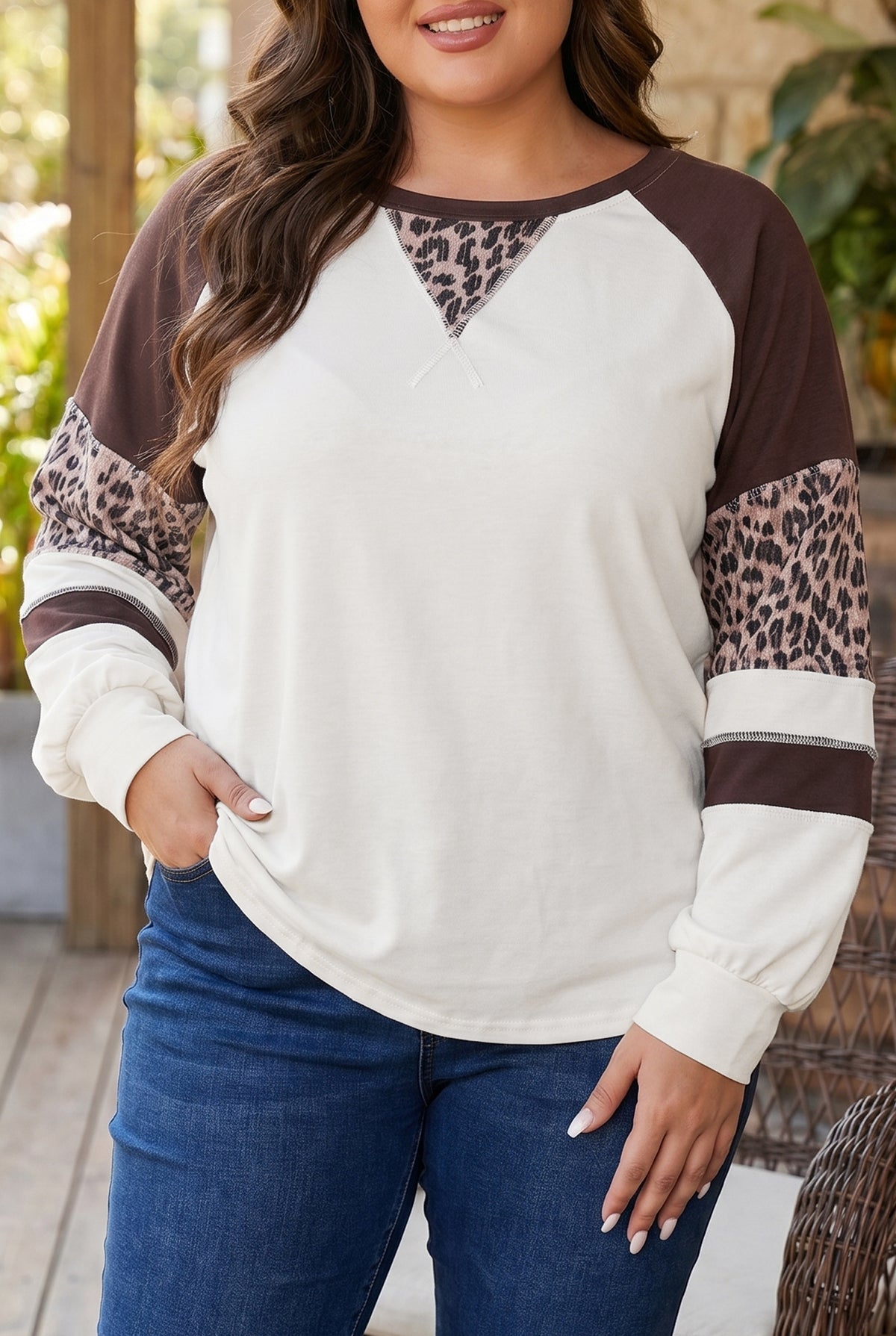Beige Leopard Print Color-Block Round-Neck Long-Sleeve Plus Size Blouse