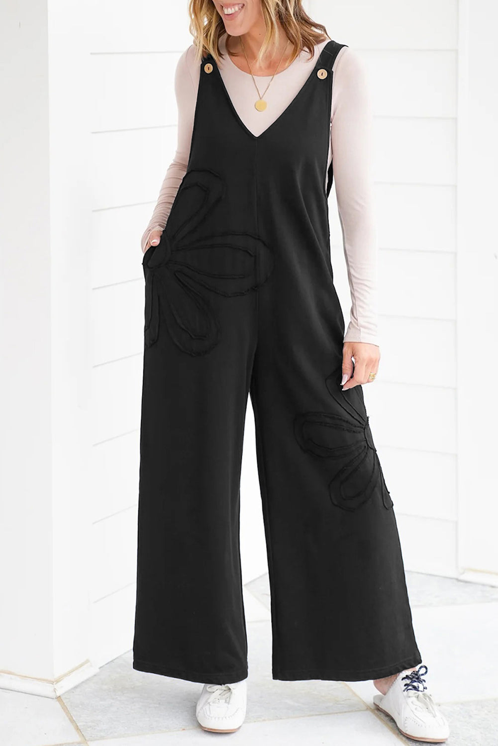 Black Solid Raw Seam Big Flower Patched Loose Overall Jumpsuit