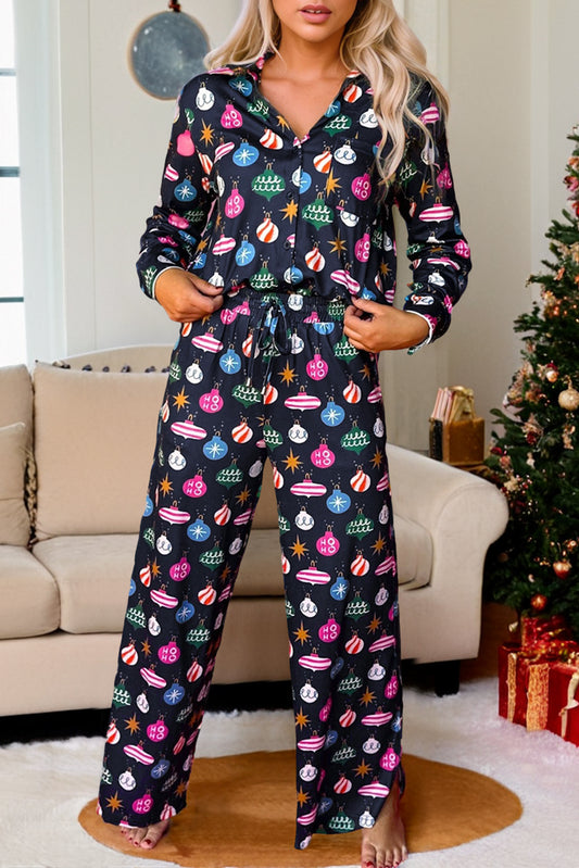 Navy Blue Christmas Lights Print Shirt and Pants Pajama Set