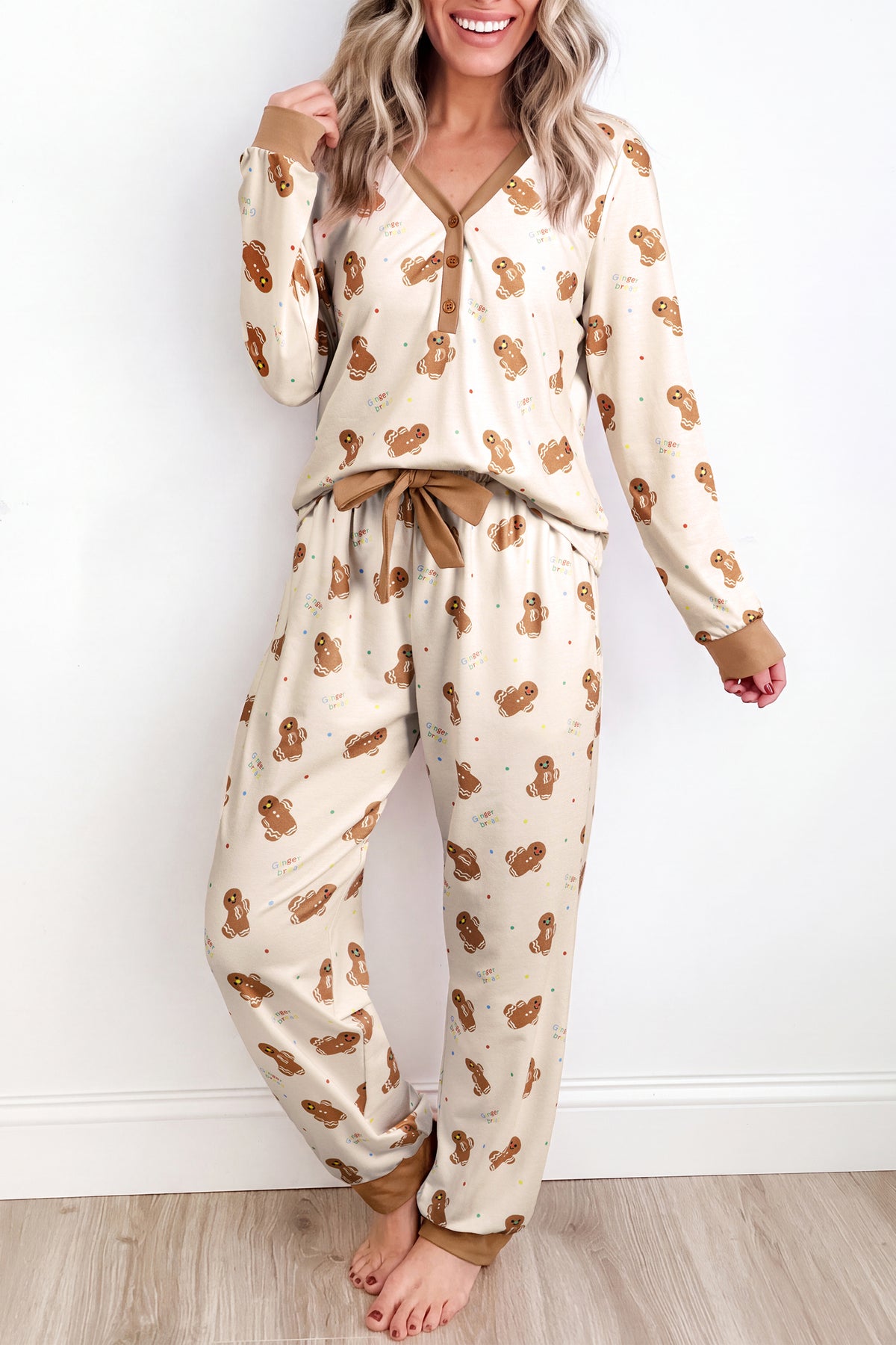Khaki Abstract Gingerbread Print Colorblock Long Sleeve Lounge Set