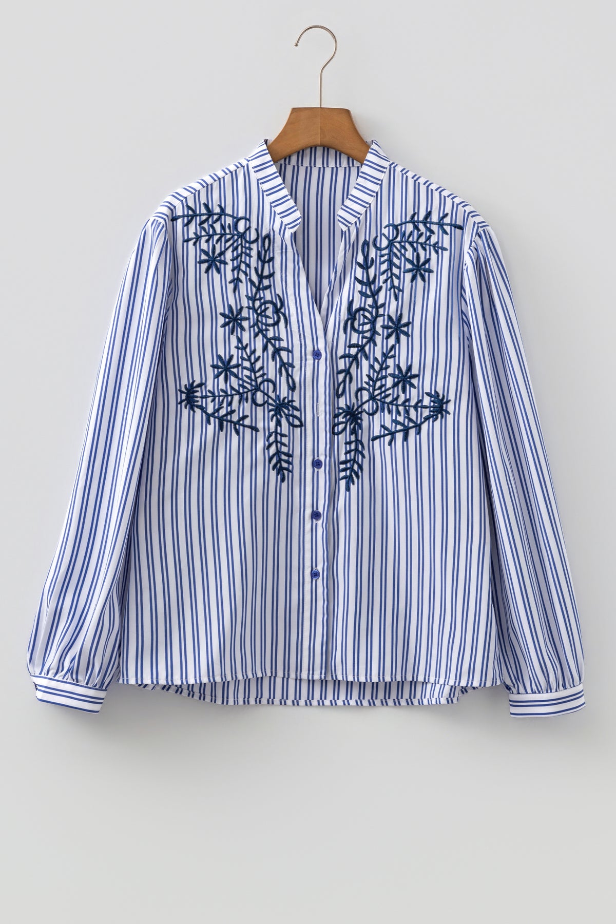 Blue Stripe Embroidered Button Front Shirt