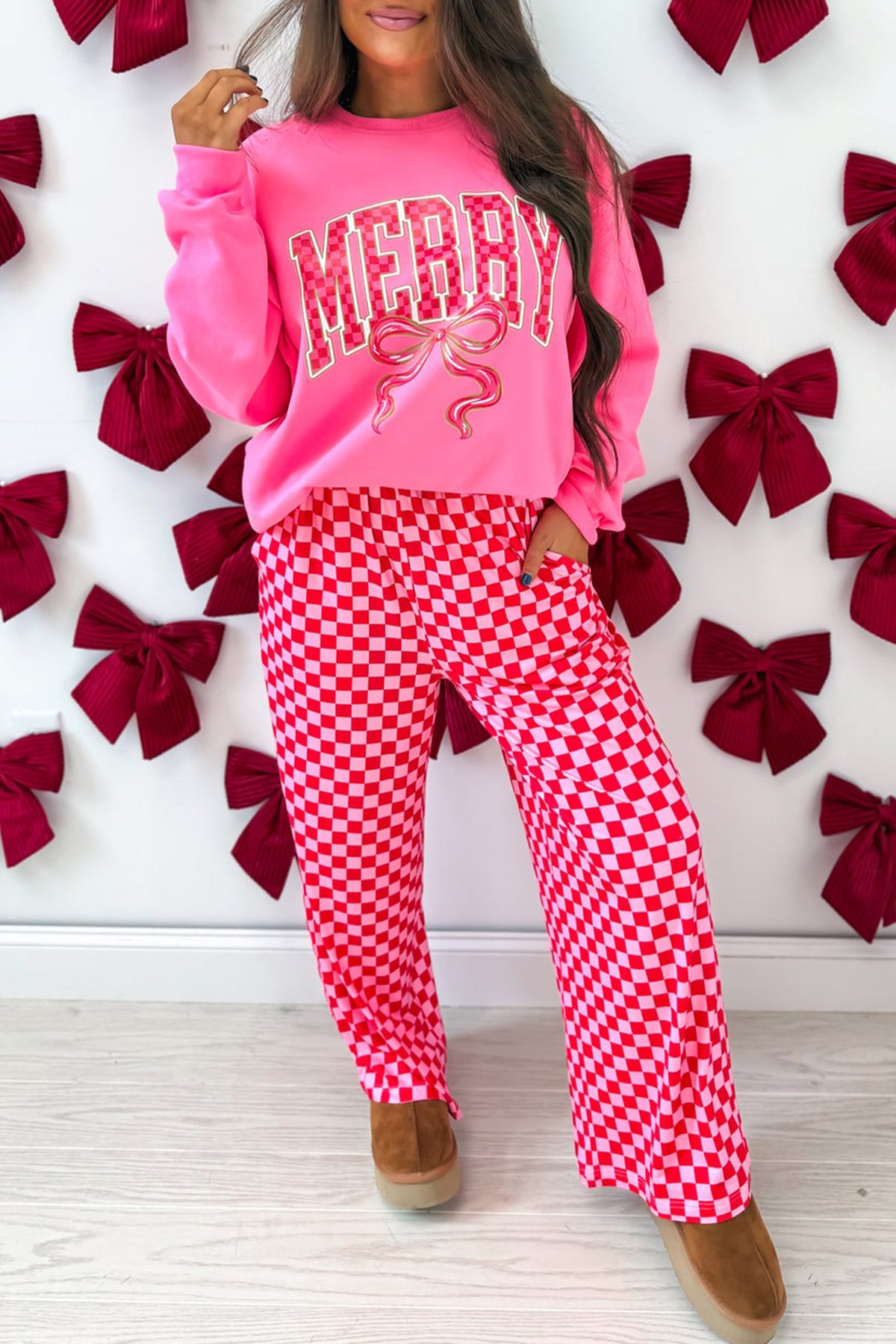 Women's Pink Christmas Slogan Graphic Plaid Contrast Two-piece Pants Set