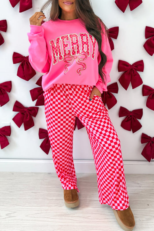 Women's Pink Christmas Slogan Graphic Plaid Contrast Two-piece Pants Set