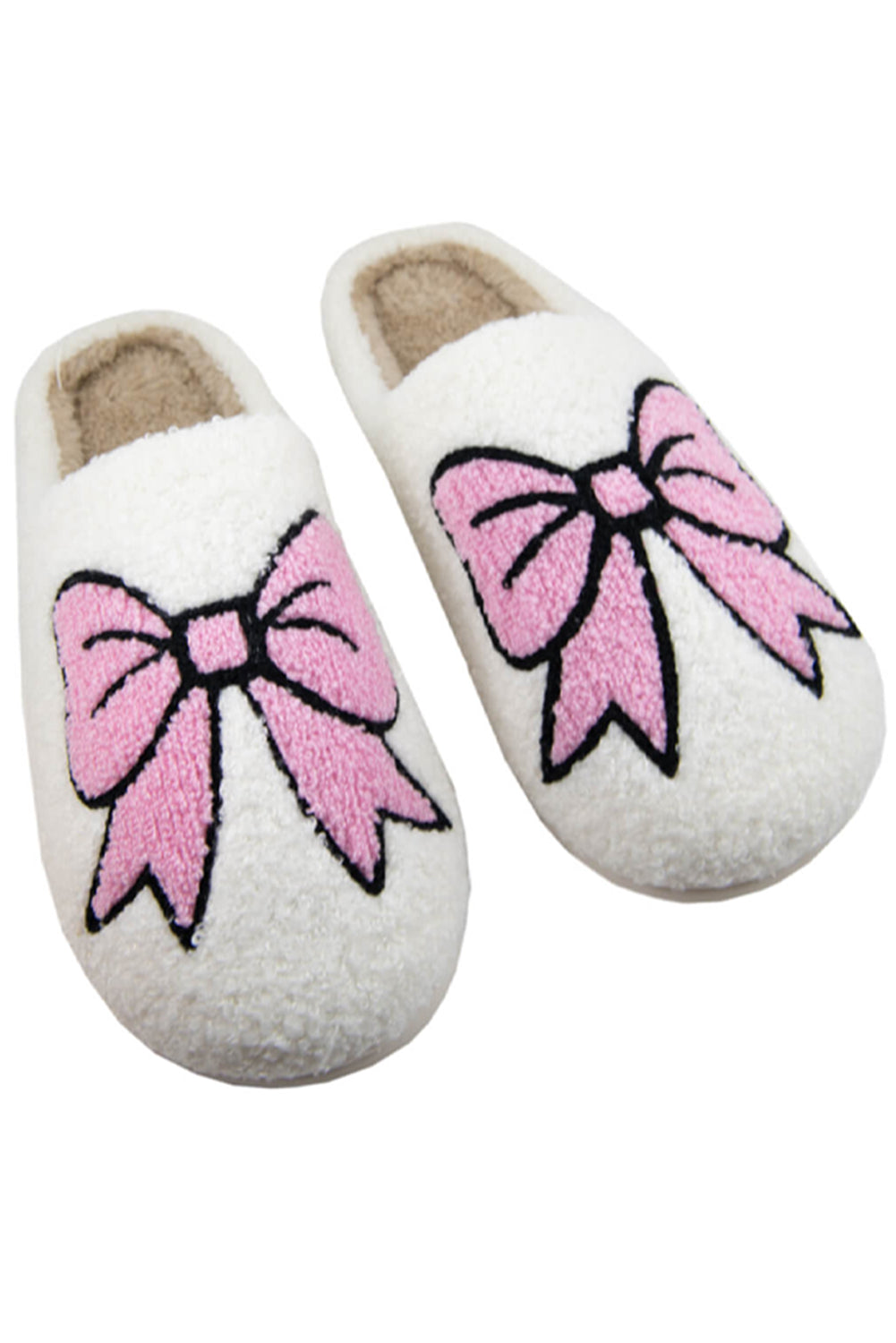 White Bowknot Pattern Fuzzy Winter Home Slippers
