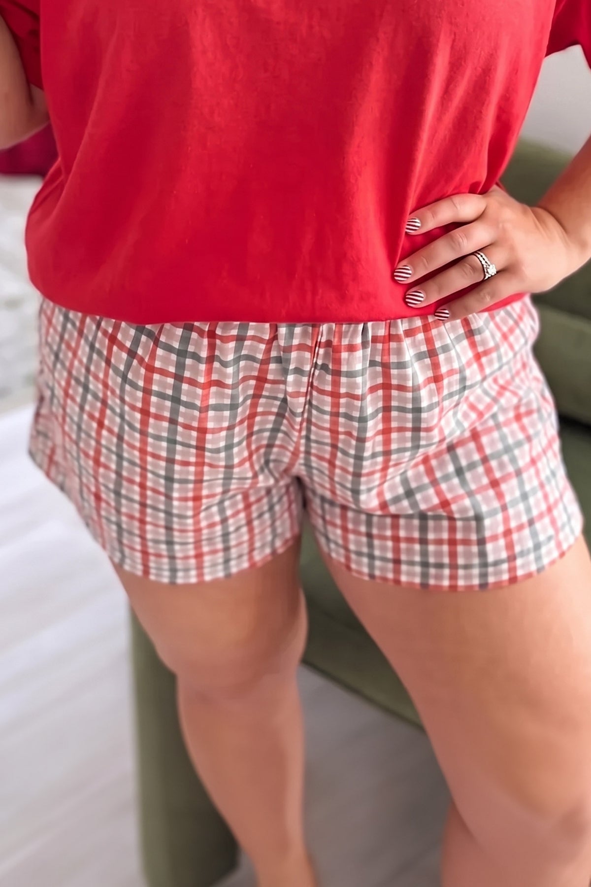 Red Plaid Casual Plus Size Shorts