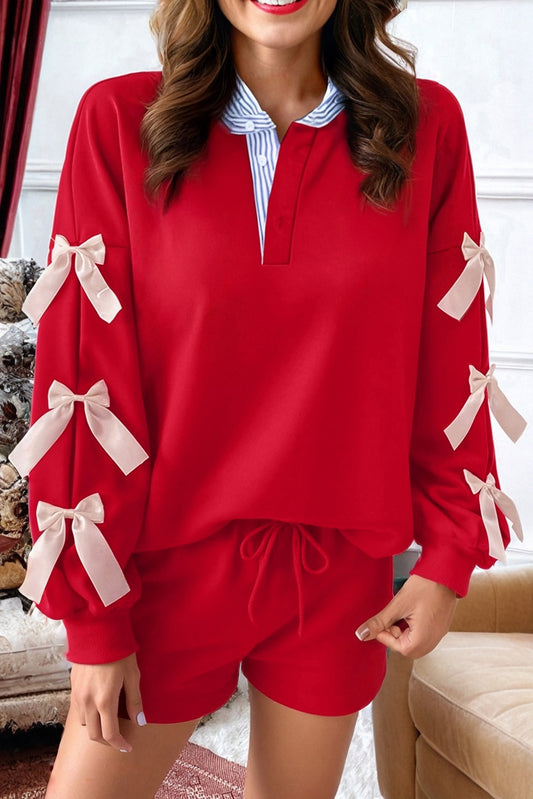 Racing Red Striped Collar Satin Bow Sweatshirt and Shorts Set