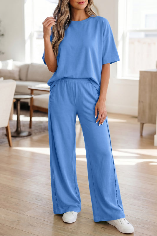 Sky Blue Solid Cover Oversize Tee Pocketed Casual Pants Set
