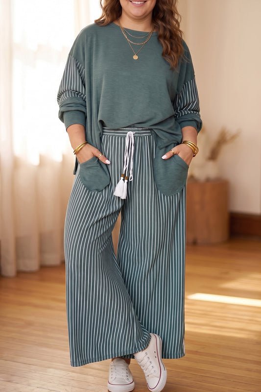 Green Bay Striped Patchwork Plus Size Two-piece Outfit