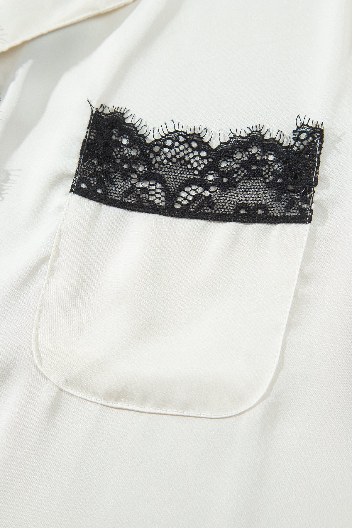 White Long Sleeve Lace Trim Button Front Pajama Set