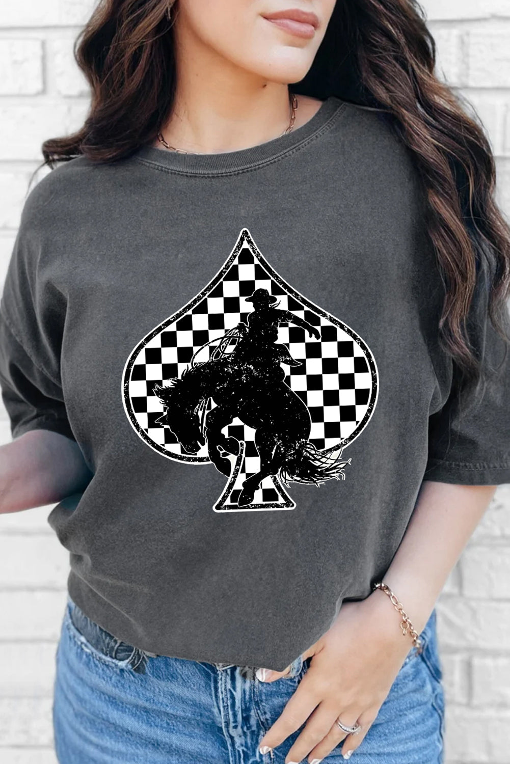 Gray Redeo Check Spades Western Graphic T-Shirt