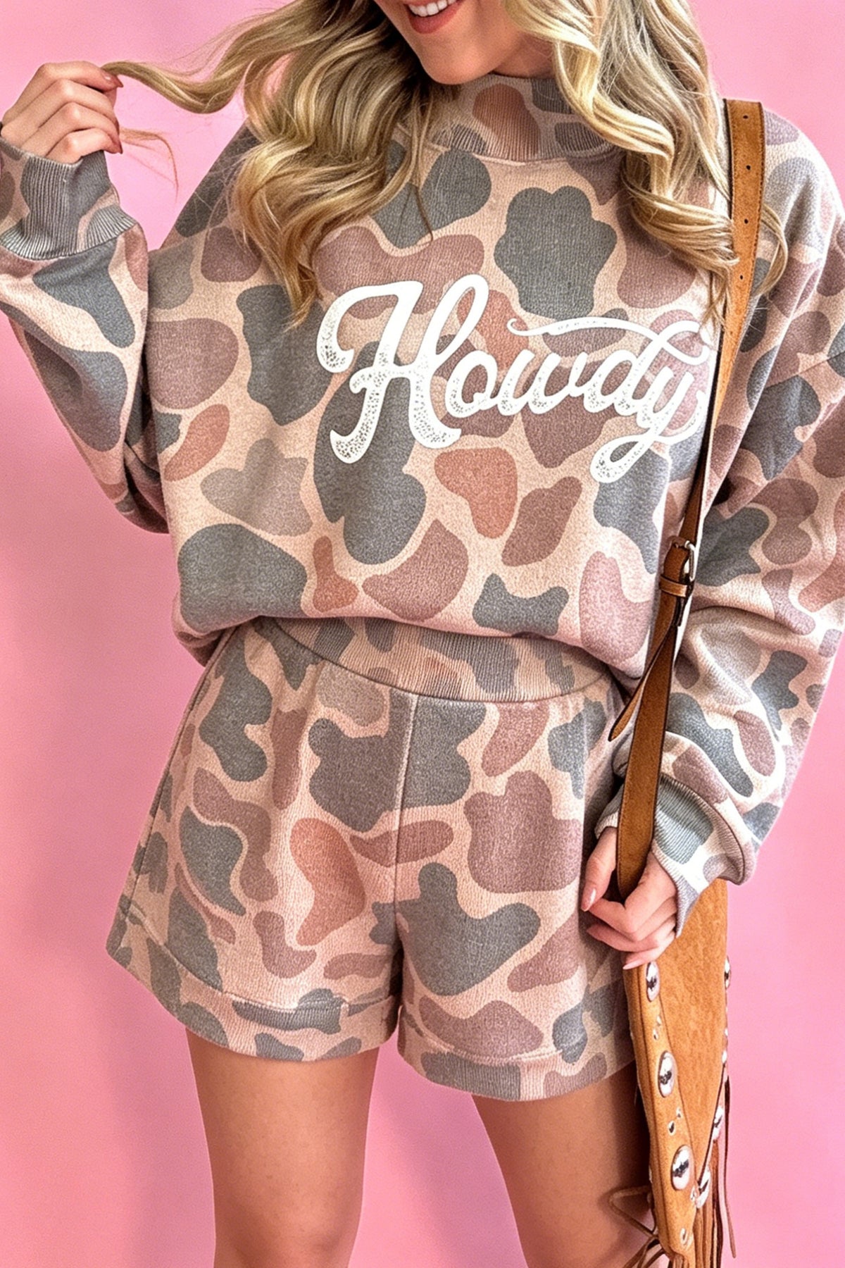 Women's Multicolour Howdy Camouflage High-Neck Long-Sleeve Top and Shorts Set