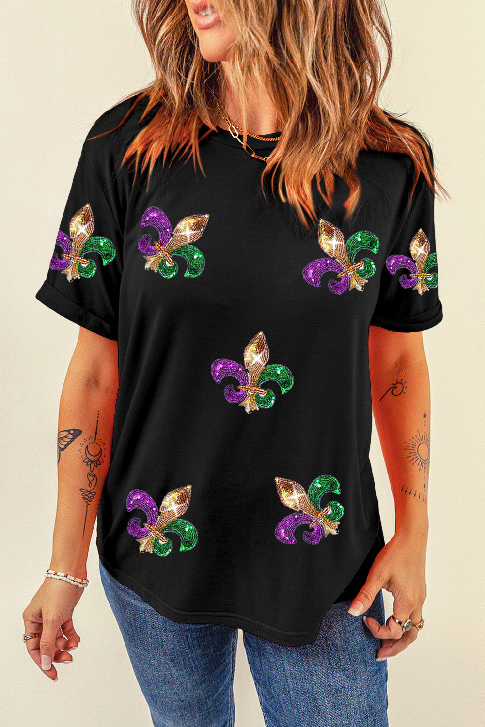 Black Mardi Gras Symbol Patched Crewneck T-Shirt