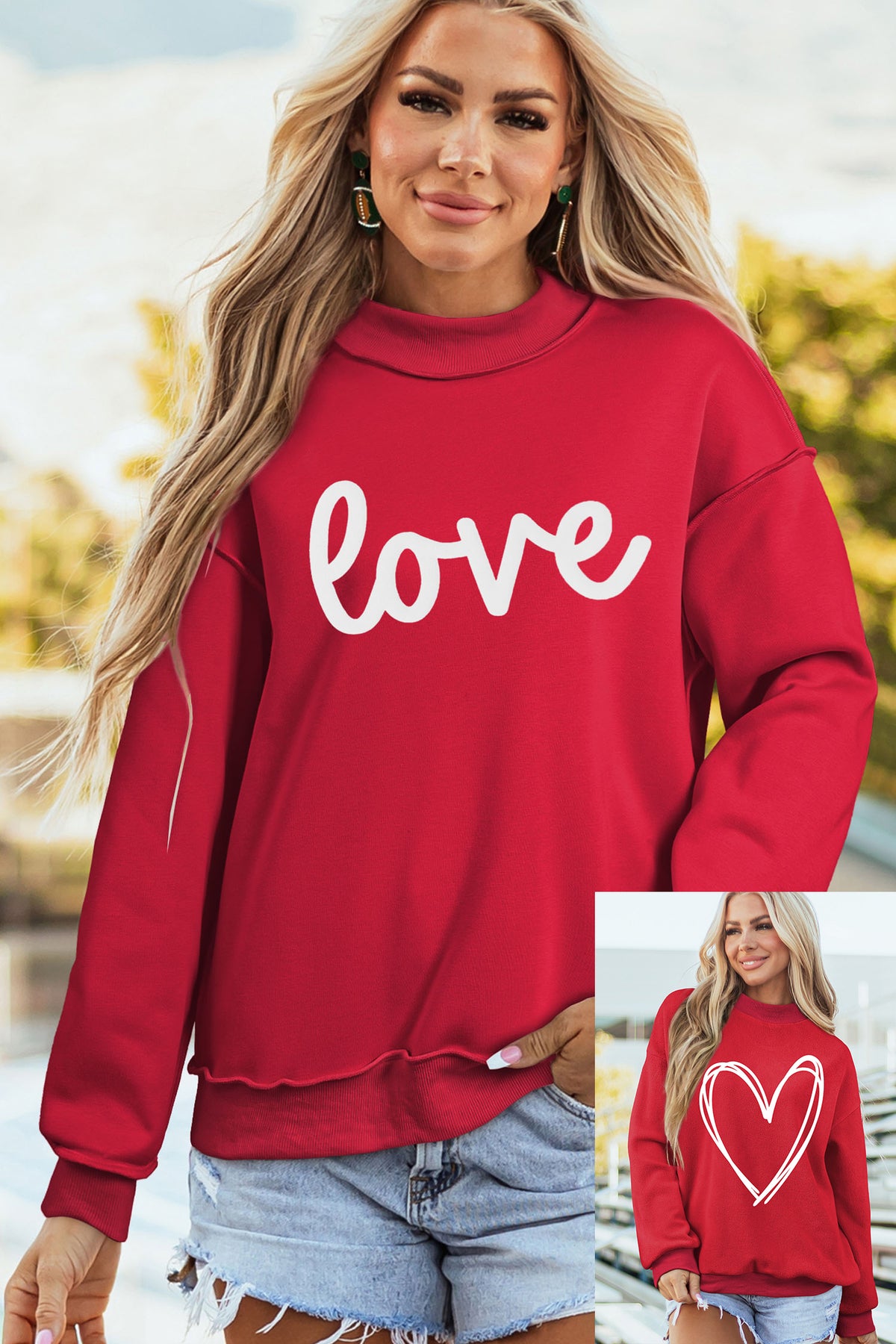 Racing Red Valentines Day Heart Love Script Reversible Printed Double Wear Mock Neck Sweatshirt