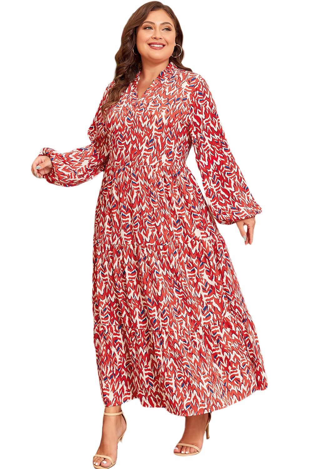 Red Plus Size Abstract Print Notch V-Neck High Waist Maxi Dress