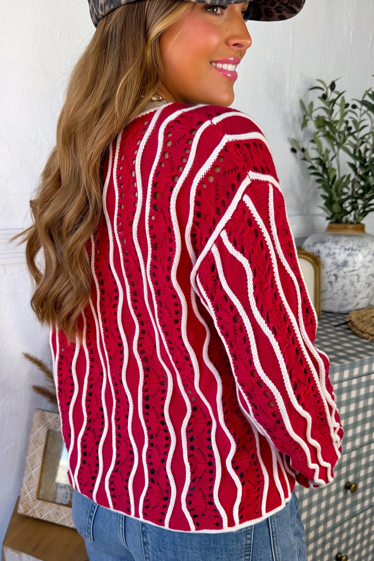 Racing Red Wavy Hollow Out Knit Long Sleeve Cotton Pullover Sweater