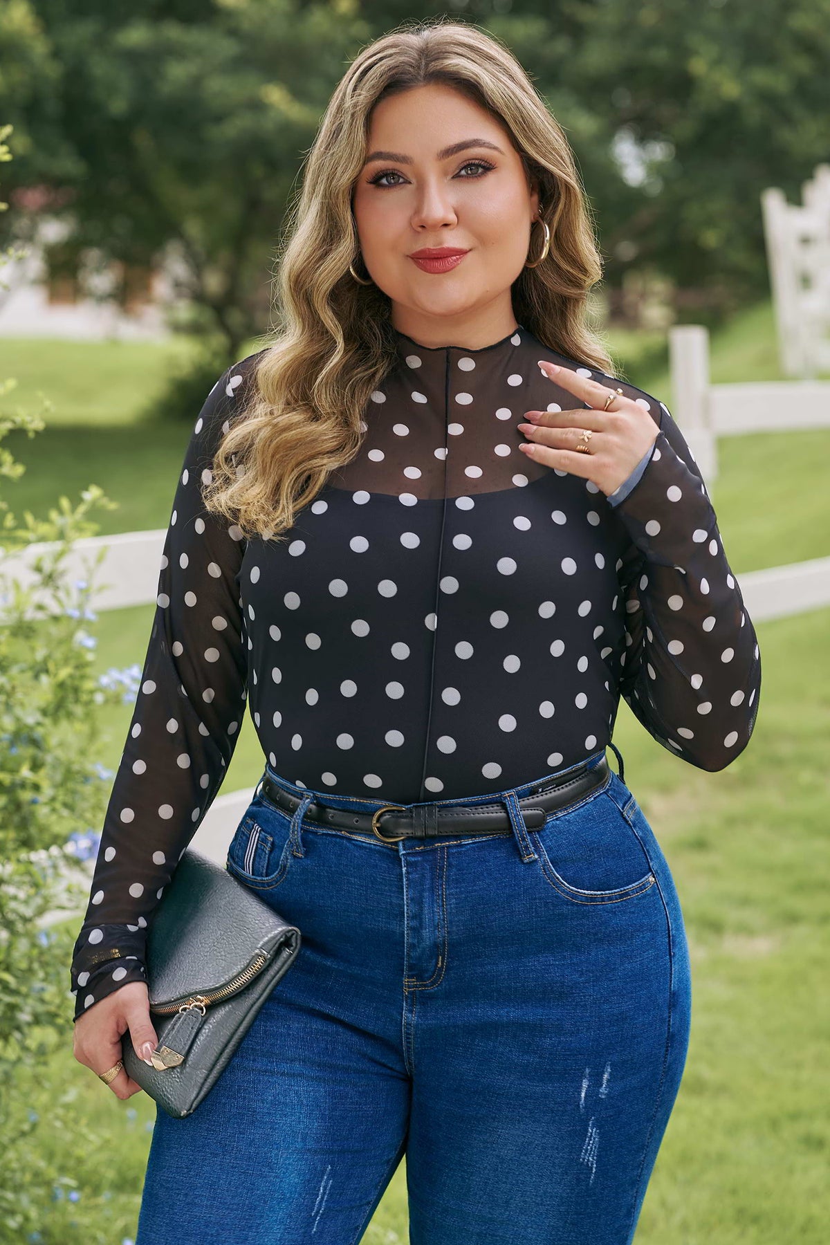 Black Plus Size Mock Neck Polka Dot Long-Sleeve Mesh Top
