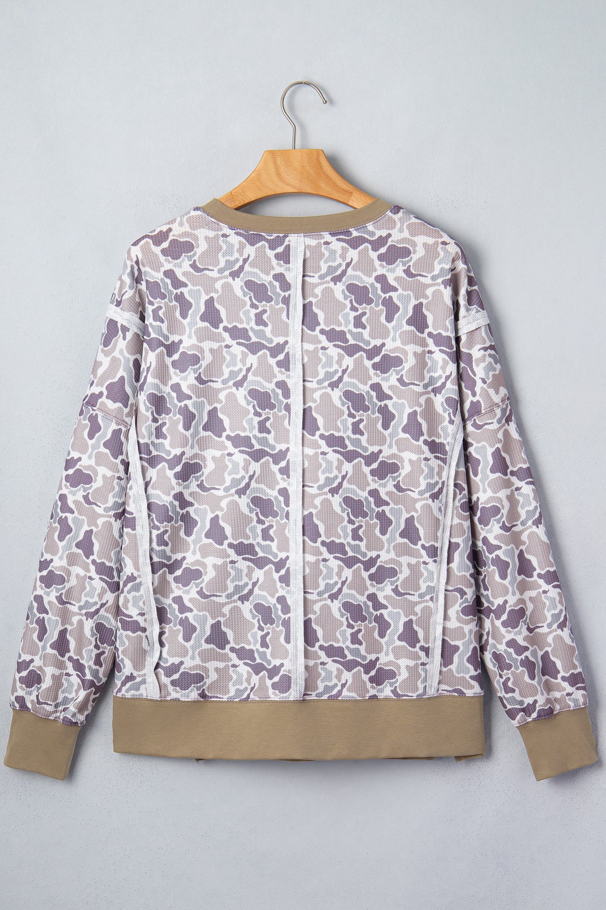 Khaki Camouflage Print Textured Knit Color Block Trim Top