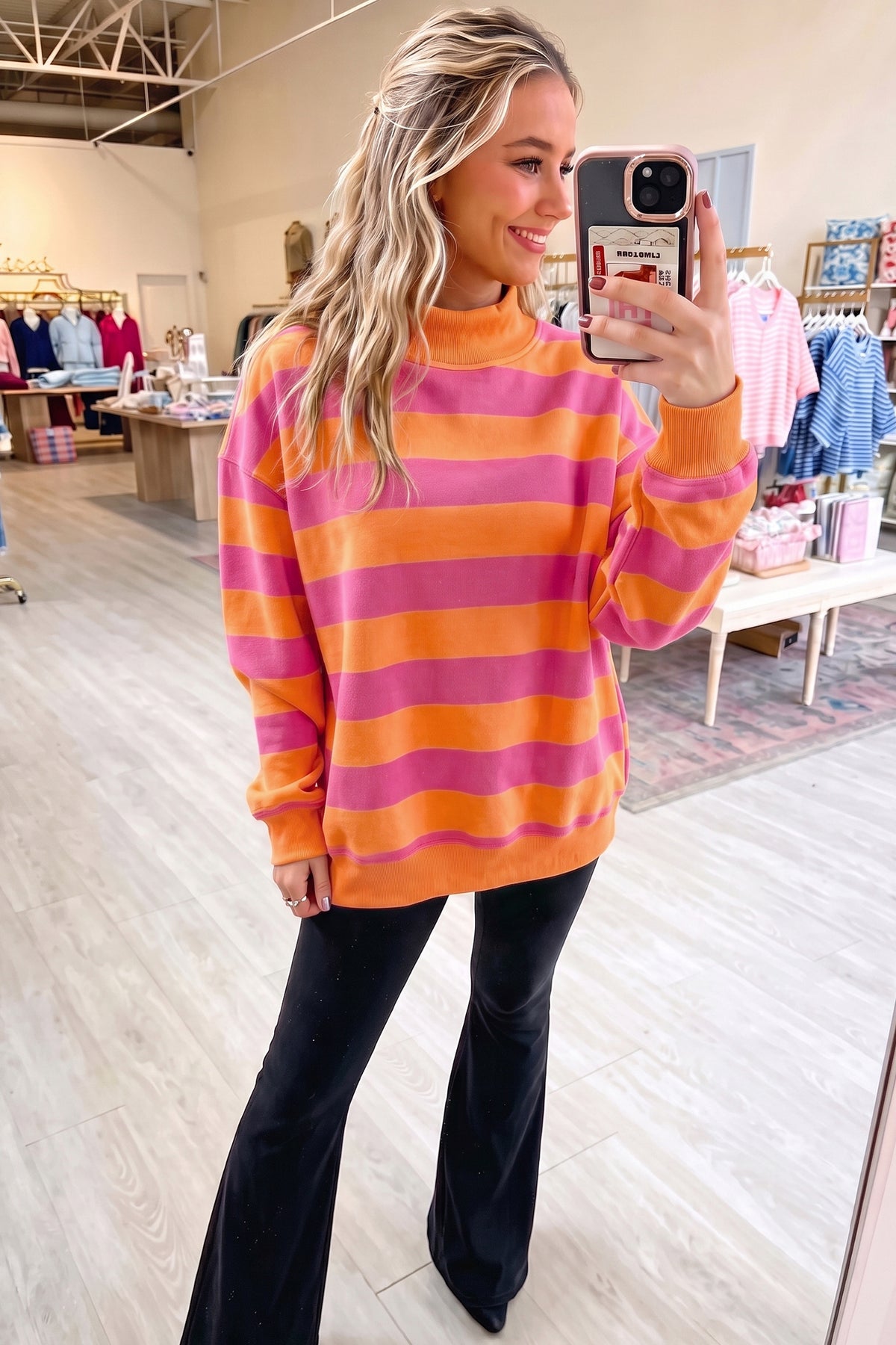 Orange Stripe Colorblock Mock Neck Sweatshirt