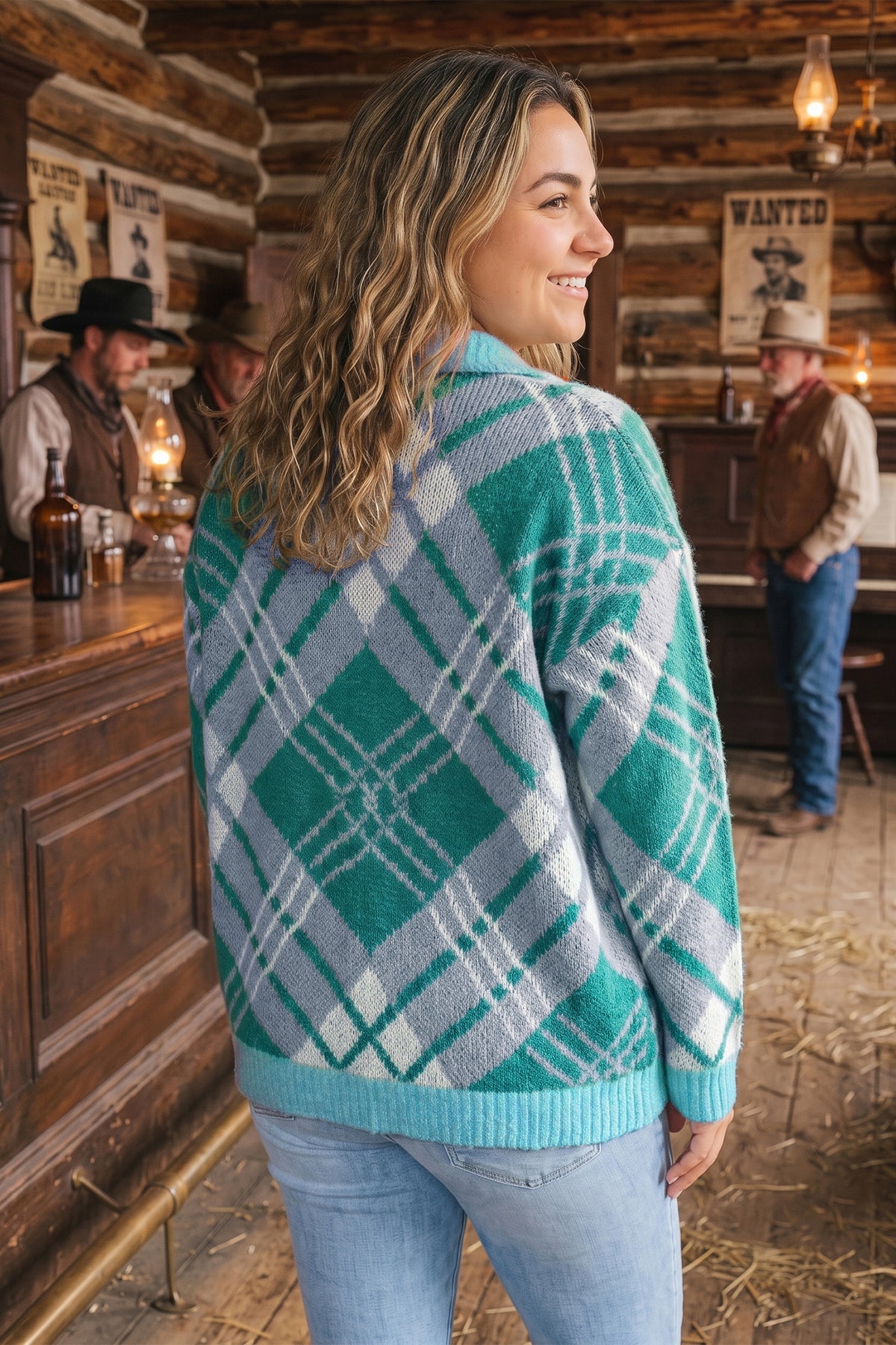 Green Plaid V-Neck Long-Sleeve Shift Cardigan Sweater