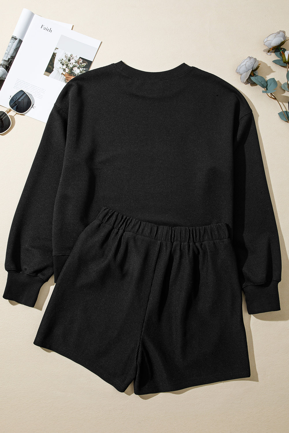 Women's Black Ribbed Texture Baggy Drop Shoulder Pullover and Shorts Set