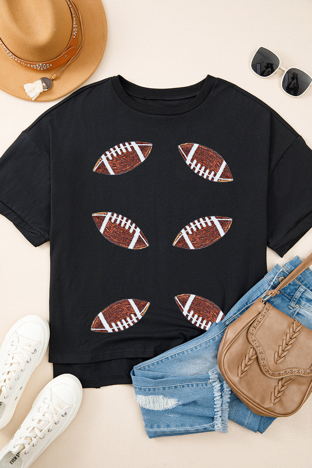 Black Sequin Rugby Football Patched Crewneck Loose T-Shirt