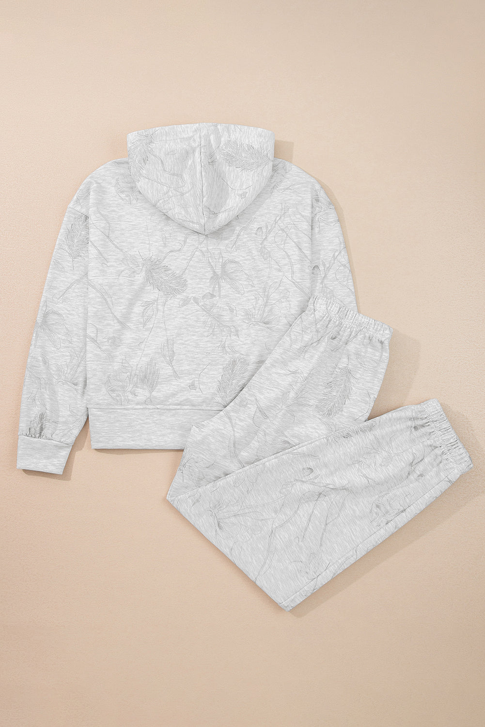 Women's Light Grey Abstract Print Drop Sleeve Hoodie Elastic Waistband Two-Piece Pants Two-Piec