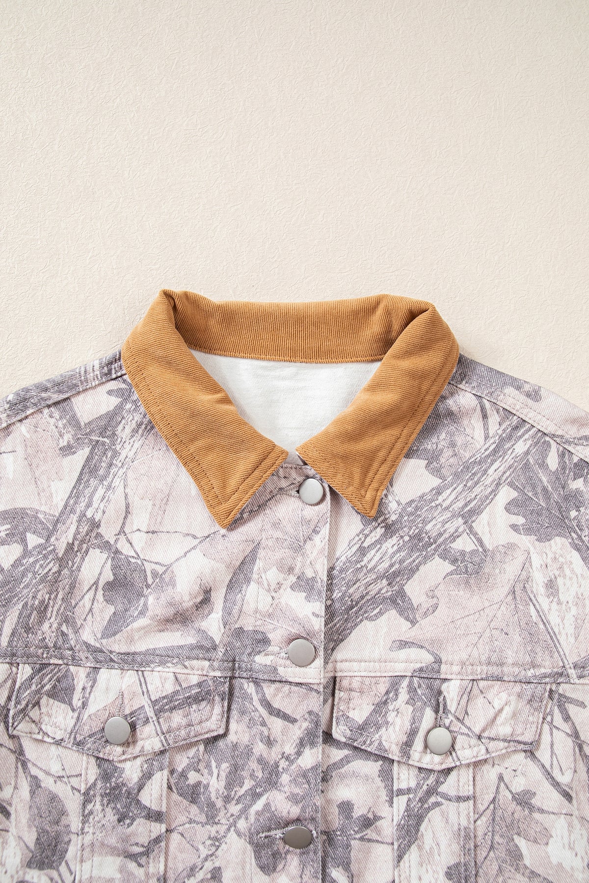 Gray Abstract Camo Print Colorblock Collar Oversized Denim Jacket
