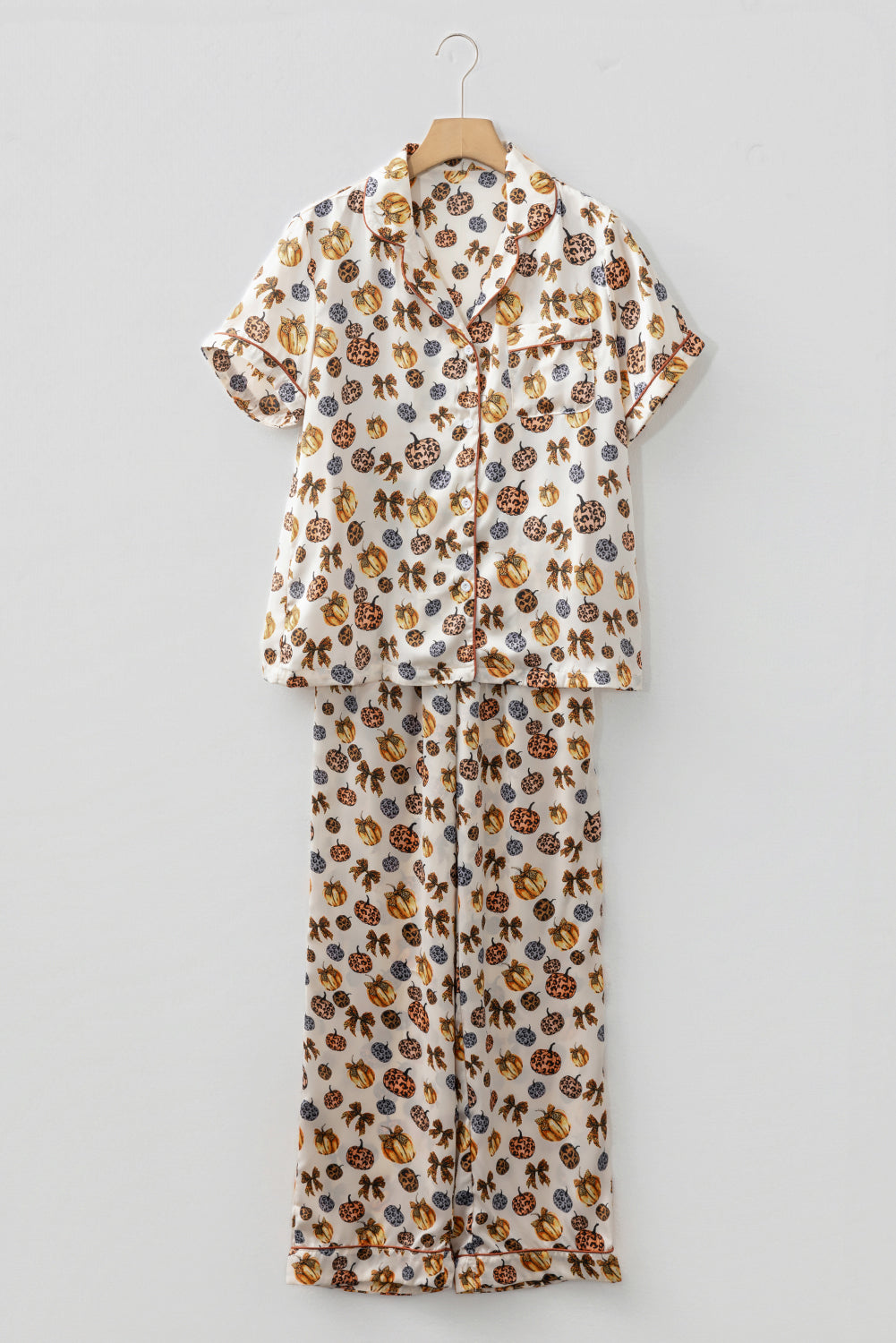 Beige Leopard Pumpkin Allover Halloween Pajama Set